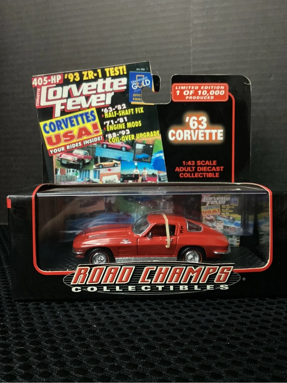 '63 Corvette Champs Red Diecast Collectible with Black Accents